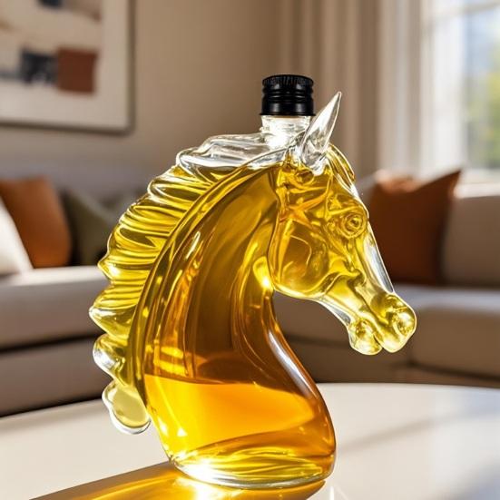 Karafka na whiskey s hlavou koně, 350 ml, 3D novinková skleněná láhev na alkohol pro dekoraci domácího baru, Jedinečný dárek pro milovníky koní a whiskey, Táta Muži