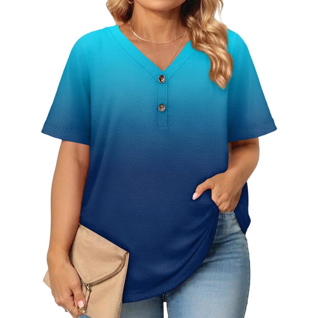 Women's Fashion Casual Printed V-Neck Short Sleeve Large Size T-Shirt Top
