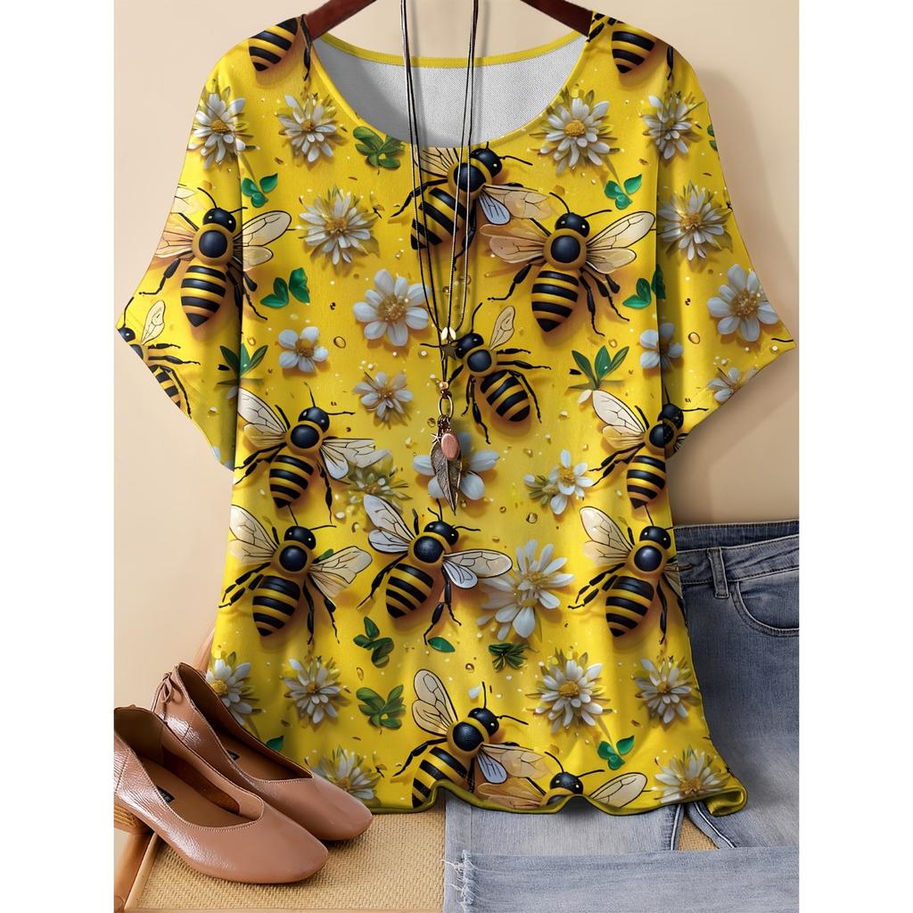 Summer Round Neck 3D Flower Pattern Print Top Fashionable Casual Short Sleeved Women's T-shirts