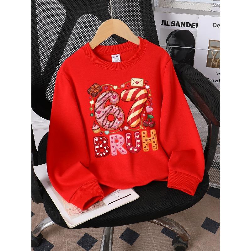 European sizes Kids' Casual Printed Round Neck Pullover, Kids' Round Neck Sweatshirt with Fashion 67 Theme Feature Print for Kids