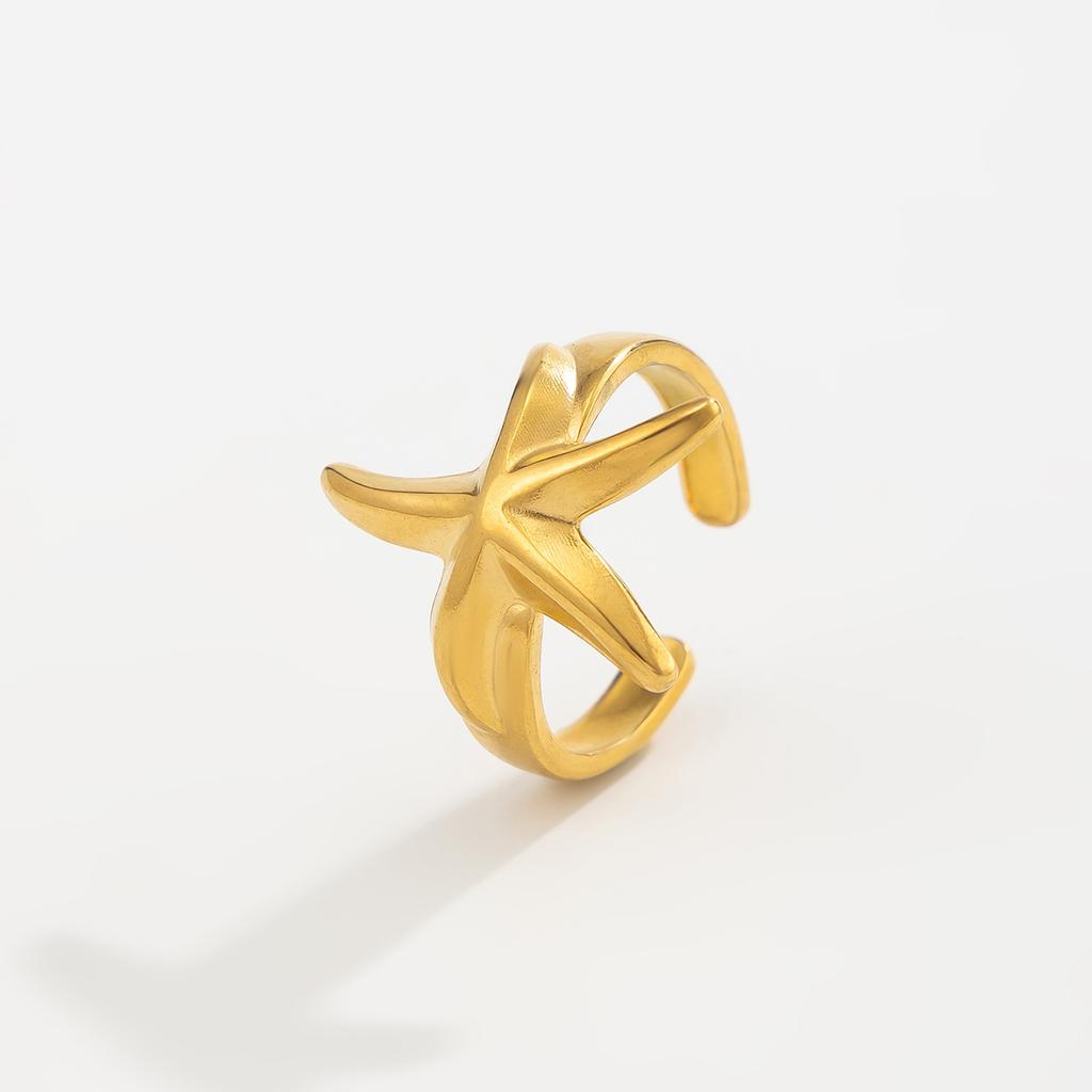 European and American vacation starfish flower stainless steel open ring, beach ocean ins conch geometric ring for women