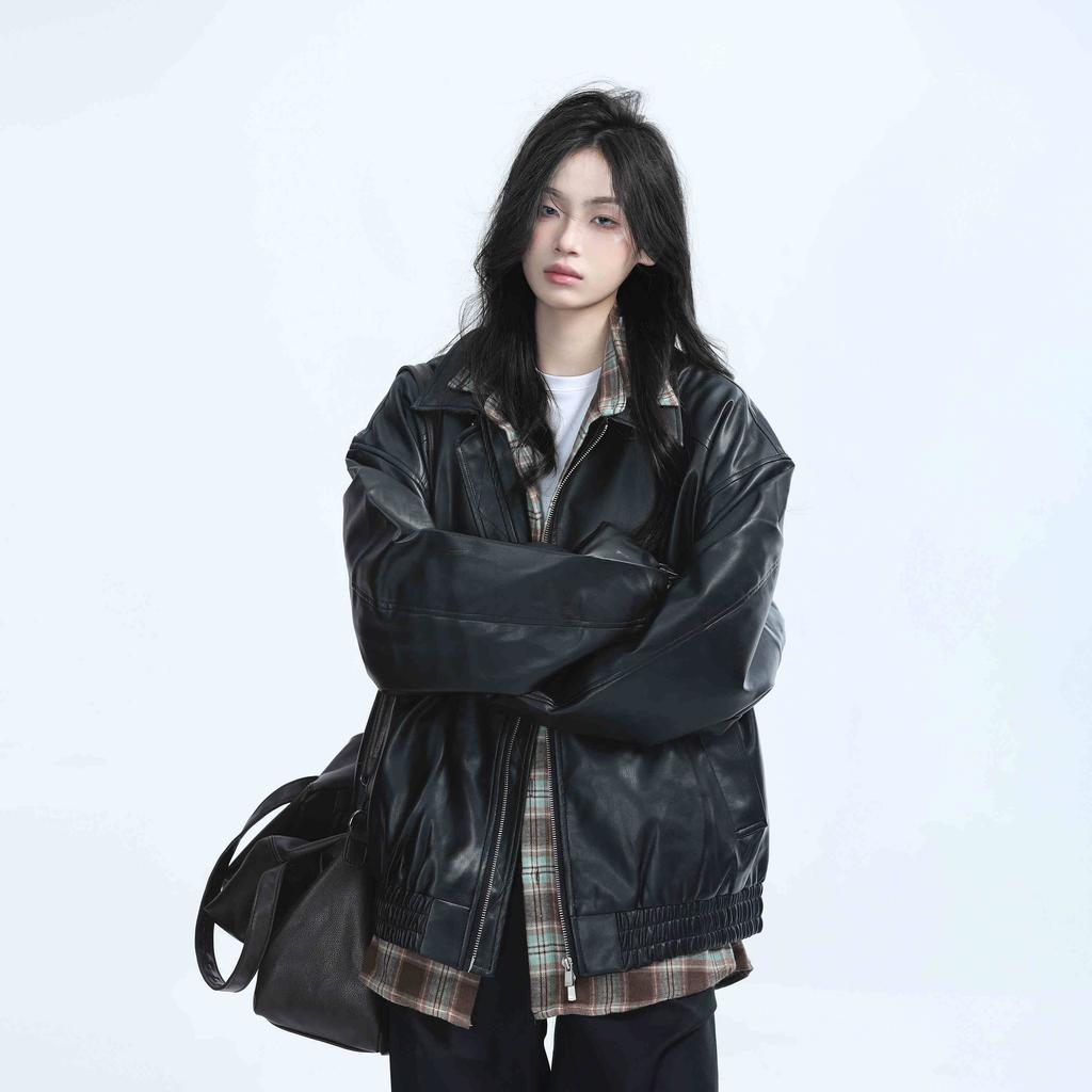 Brown Motorcycle PU Leather Jacket Women's Autumn American Retro Loose Jacket Trend