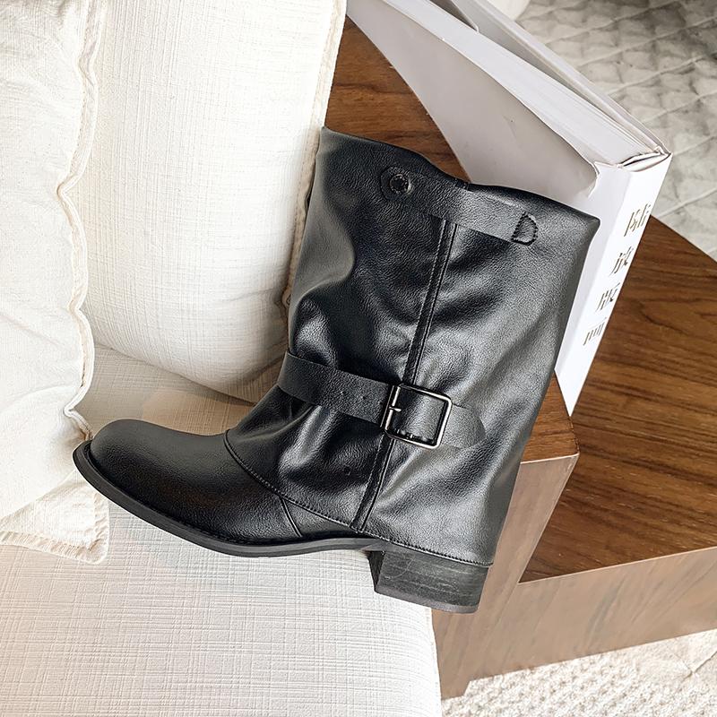 Fashion 2025 Autumn Pleated Buckle Knight Boots for Women Black PU Leather Mid Calf Boots Woman Slip-On Thick Heel Riding Botas Mujer