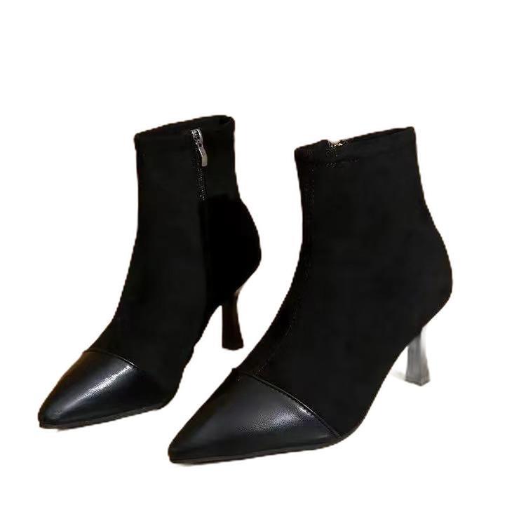 Pointed thin heel short boots autumn new French temperament elastic high heel socks boots thin heel boots
