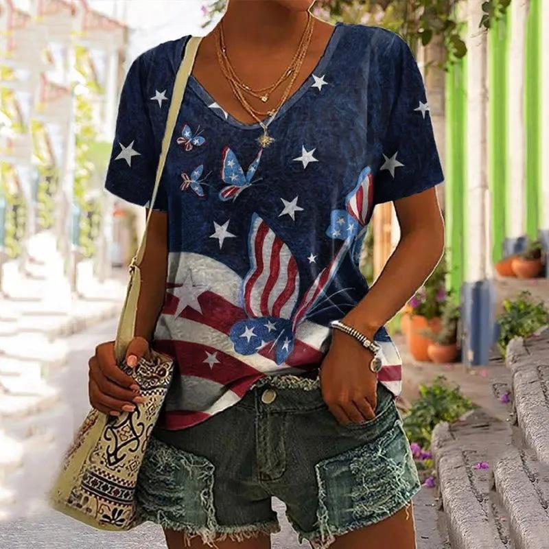 Summer V-neck 3D Flower Butterfly Printed Top Fashionable Casual Short Sleeved Women's T-shirts