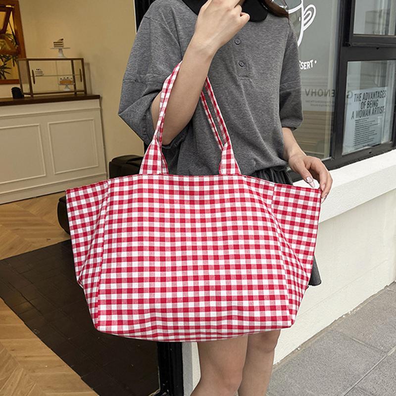 Large Capacity Plaid Women's Canvas Shoulder Bags Simple Commuter Female Shopping Bag College Girls Book Tote Travel Handbags