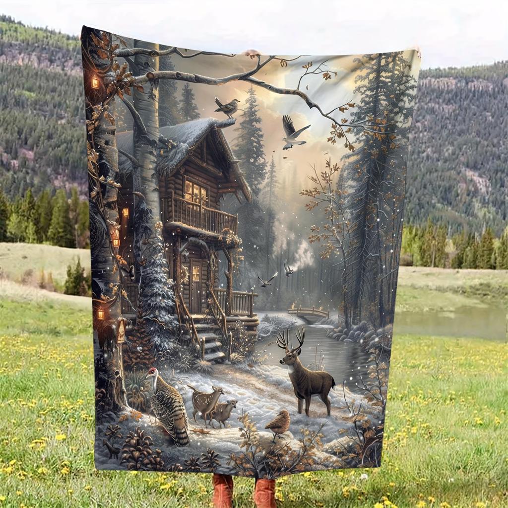 1pc Winter Forest Cabin & Wildlife Throw Blanket - Perfect Christmas & Winter Holiday Decor, Ideal Small Gift for Nature Lovers