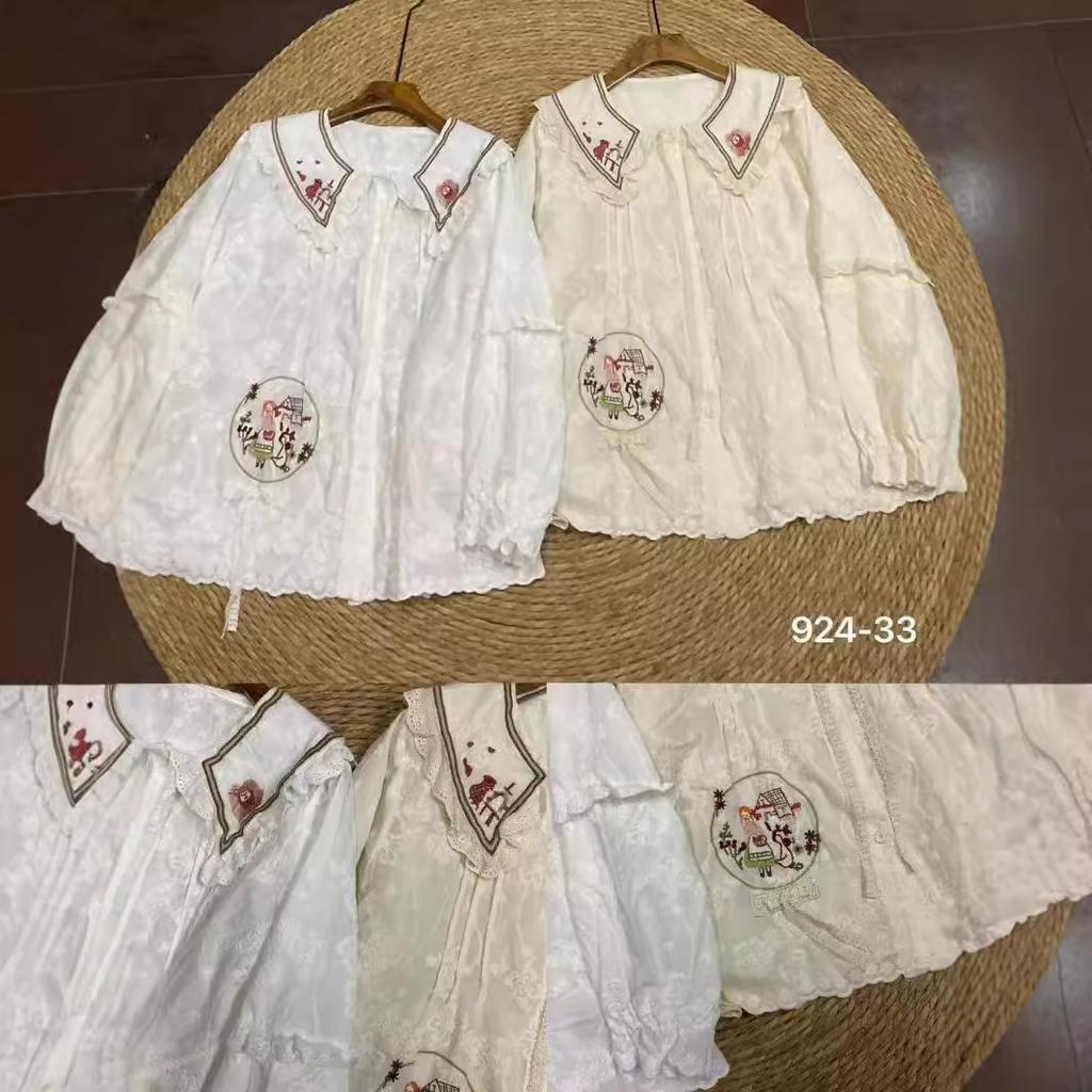 1116 Spring New Women's Lapel Japanese Cotton and Linen Shirt Loose Shirt Top Cardigan Mori Women's Embroidery
