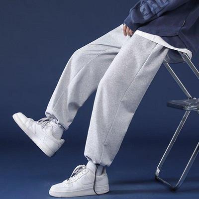 Men's Loose Gray Sweatpants - Korean Style, Plus Size, Drawstring, Cuffed, Casual for Spring & Autumn