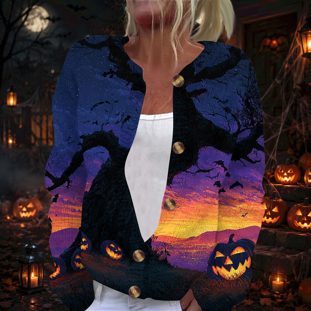 Women's Long Sleeve Knit Cardigan with Halloween Print Button Front for Holiday Party