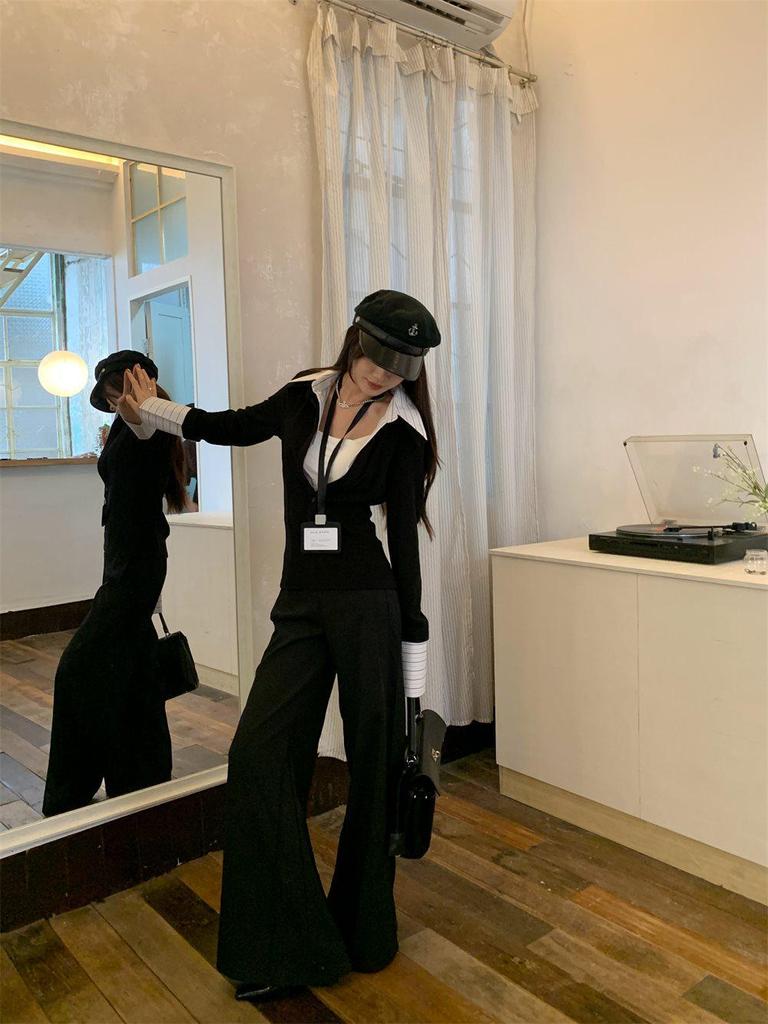 Damen Stricktop zur Taillenformung - Umlegekragen, Langarm, Fake-Zweiteiler-Design