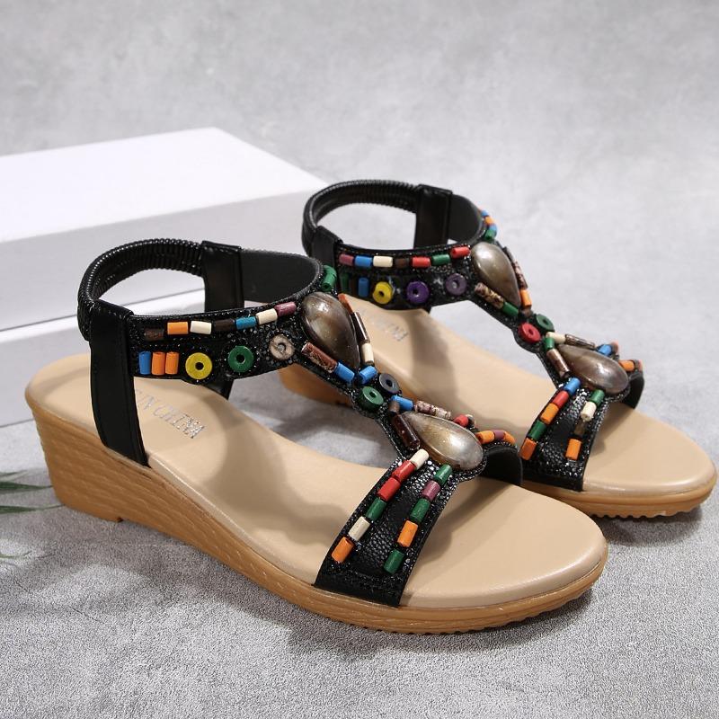 

Summer Bohemian Sandals European Fashion Wood Bead Rhinestone Heel Beach Sandals Women 35 чёрный