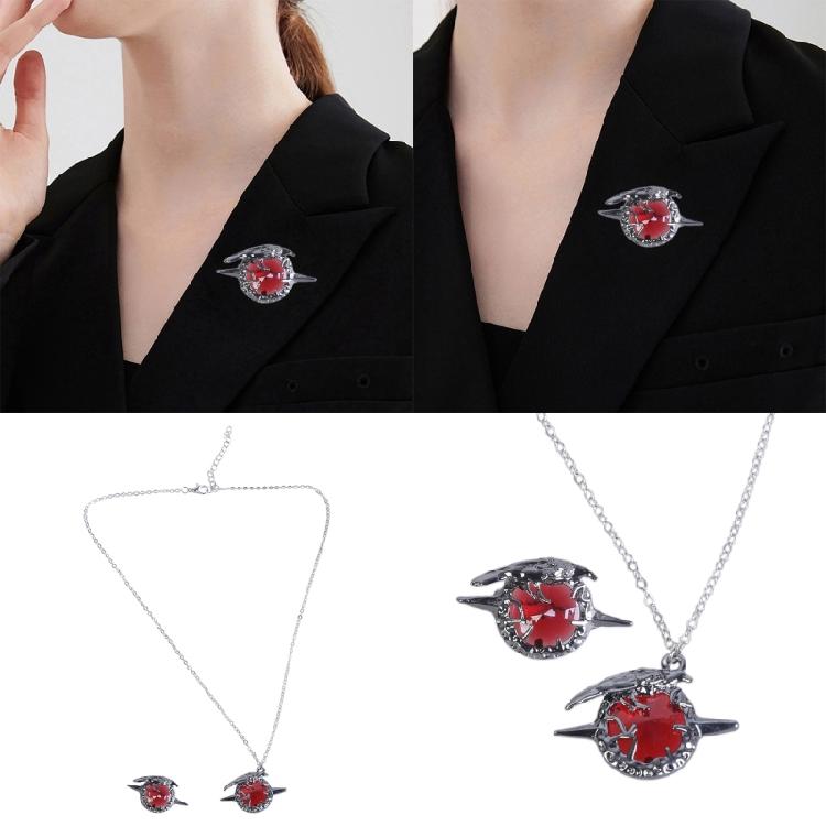 1 Set Krähen-Brosche mit passendem Anhänger-Halskette Hals Schmuck Rot Zirkon Design für Anime-Liebhaber und Trendsetter