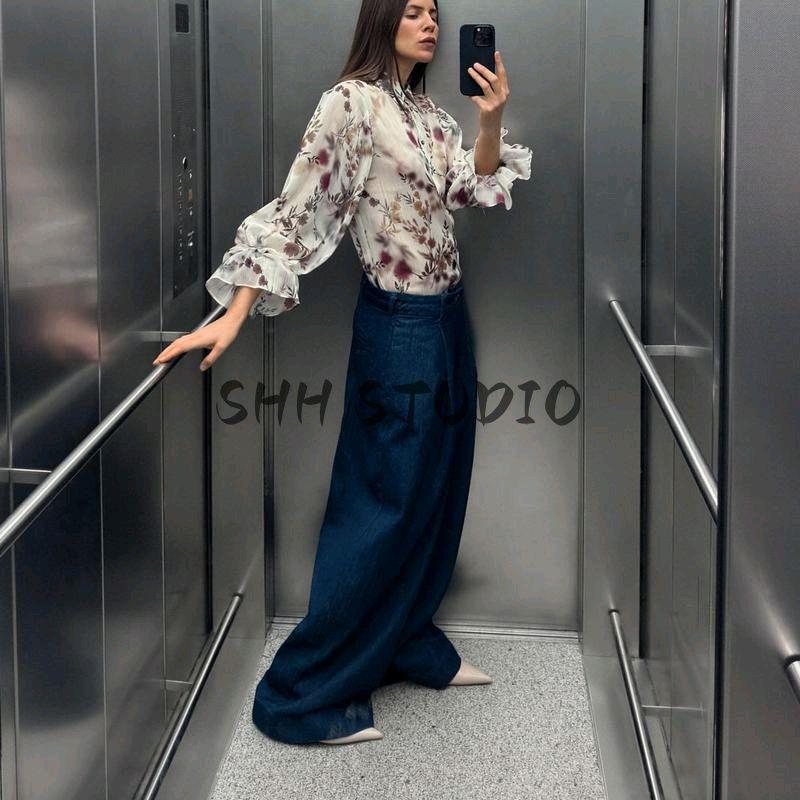 Spring New Women's Clothing Retro Style Metal Color Thread Print Fashion Lapel Long Sleeve Shirt 2522142