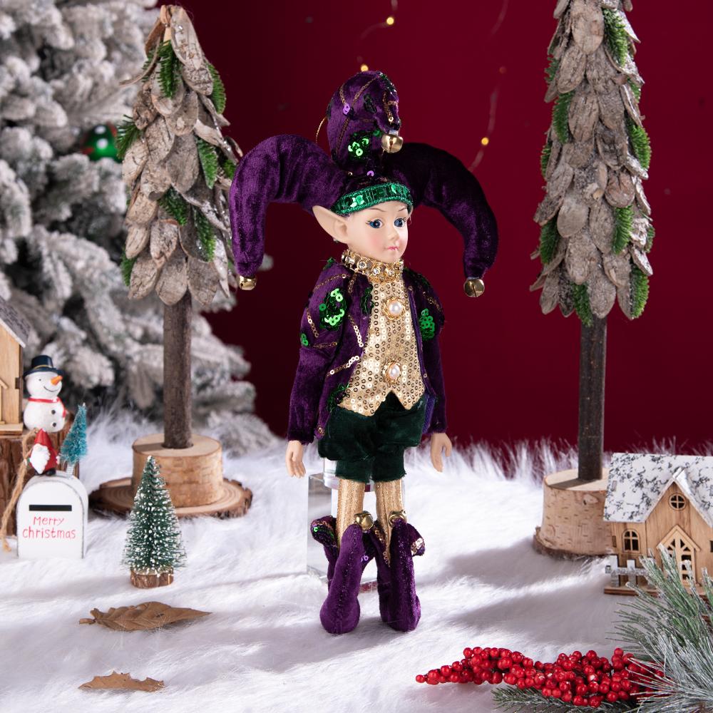 Purple-Green-Gold Sequin Christmas Elf Doll