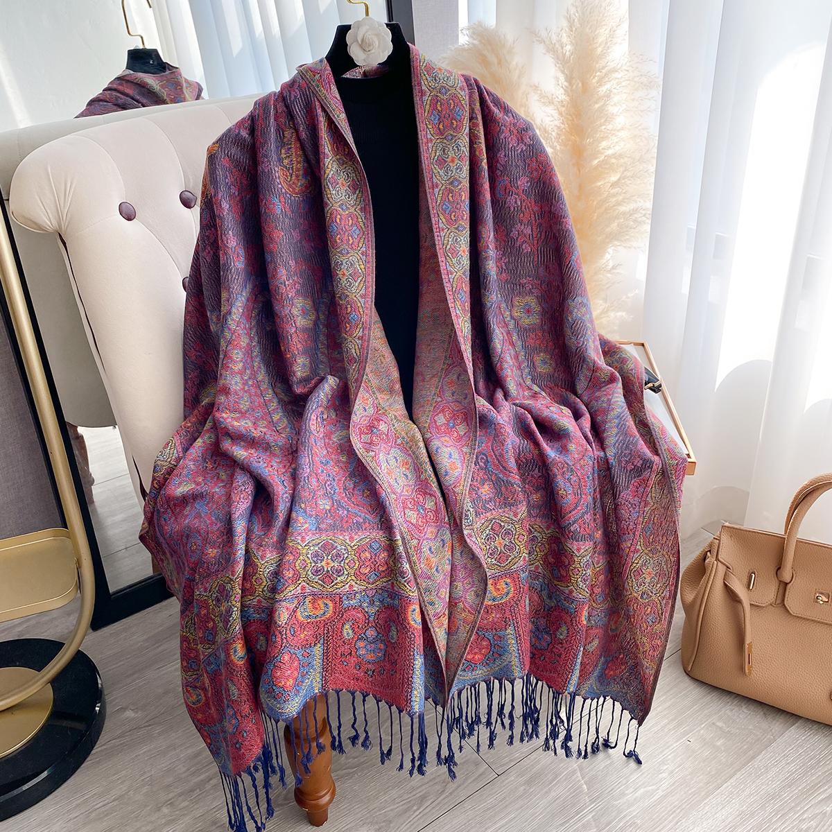 Winter Women s Faux Cashmere Plaid Scarf - Thick Tasseled Printed Pashmina Shawl Wrap, Cozy Neckerchief & Bandana фиолетовый