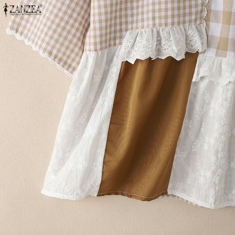 ZANZEA Damen Lässig Rundhals Kurzarm Locker Karierte Bluse