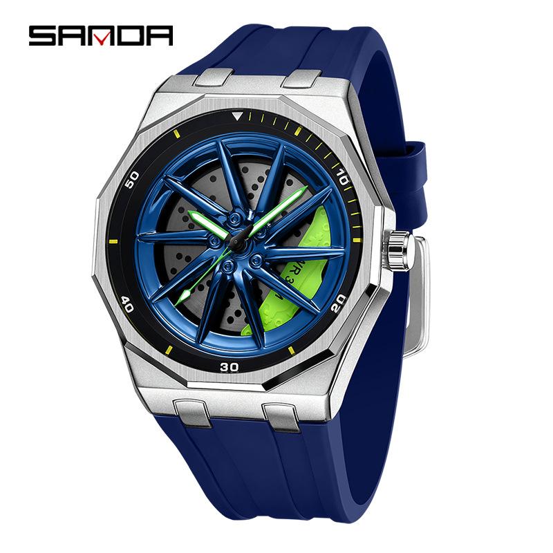 Fashion Sanda Top Brand Men's 360° Rotating Car Wheel Skeleton Dial Watch Luminous Quartz Sport Silicone Strap For Student Watch