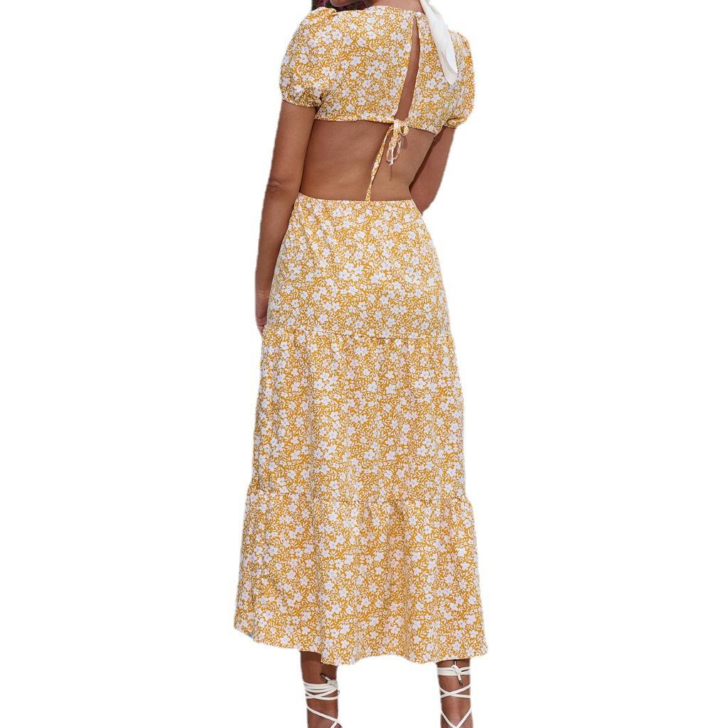 Damska letnia kwiecista seksowna szyfonowa bez pleców sukienka plażowa z dużą huśtawką S-XL