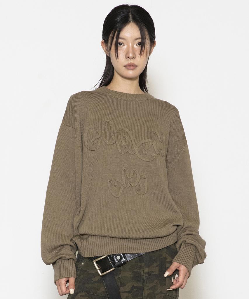 GLACK Gnt070 Vhs Line Embroidery Crew Neck Knit (Olive)