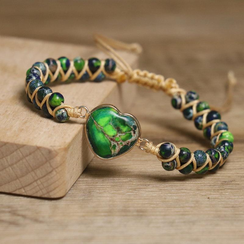 Turquoise Heart Beaded Bracelet – Gold Accent Boho Jewelry, Love Protection Gift for Women