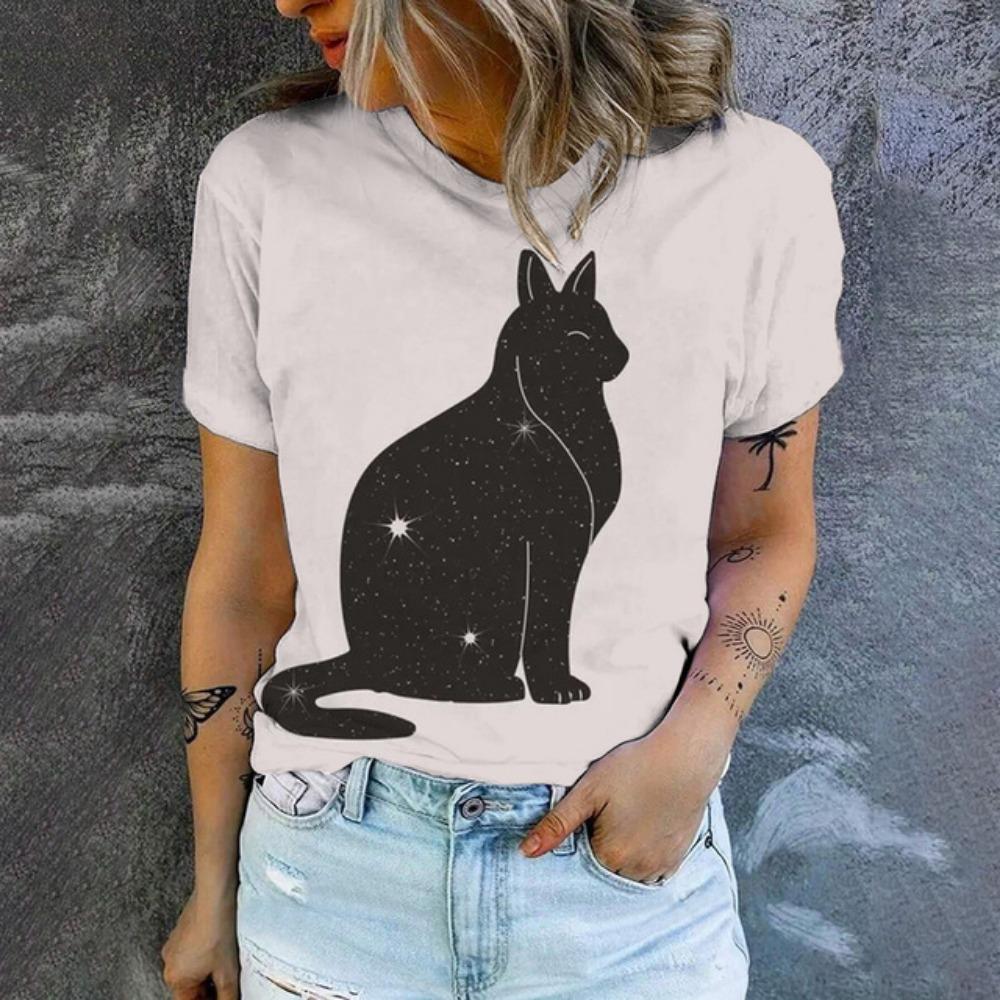 Summer Leisure T-shirt Women's T-shirt Cartoon Cat Pattern Print Fashion Print T-shirt Elegant Women's Short Sleeved T-shirt