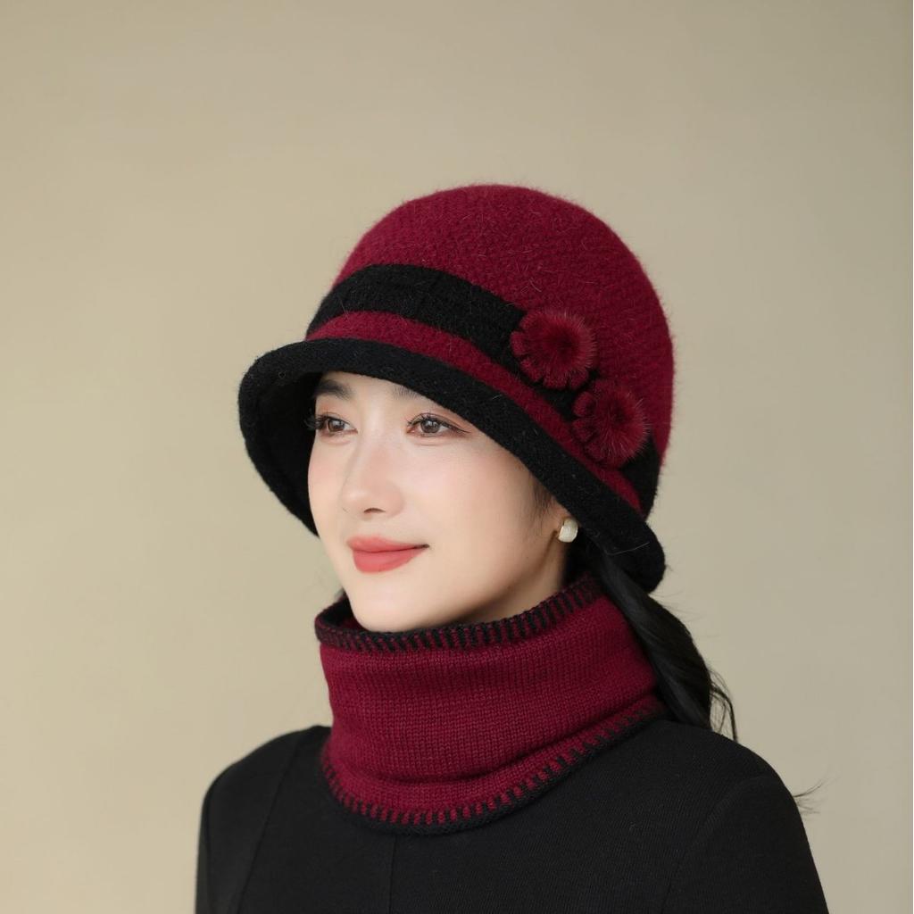 Hat Women Autumn and Winter Woolen Hat Mother Hat Outdoor Bike Protection Ear Warm Old Lady Knit Hat