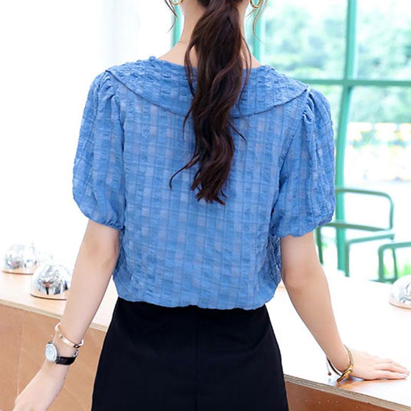 Summer Loose Solid Color Short-sleeved Doll Collar Chiffon Shirt Top Women