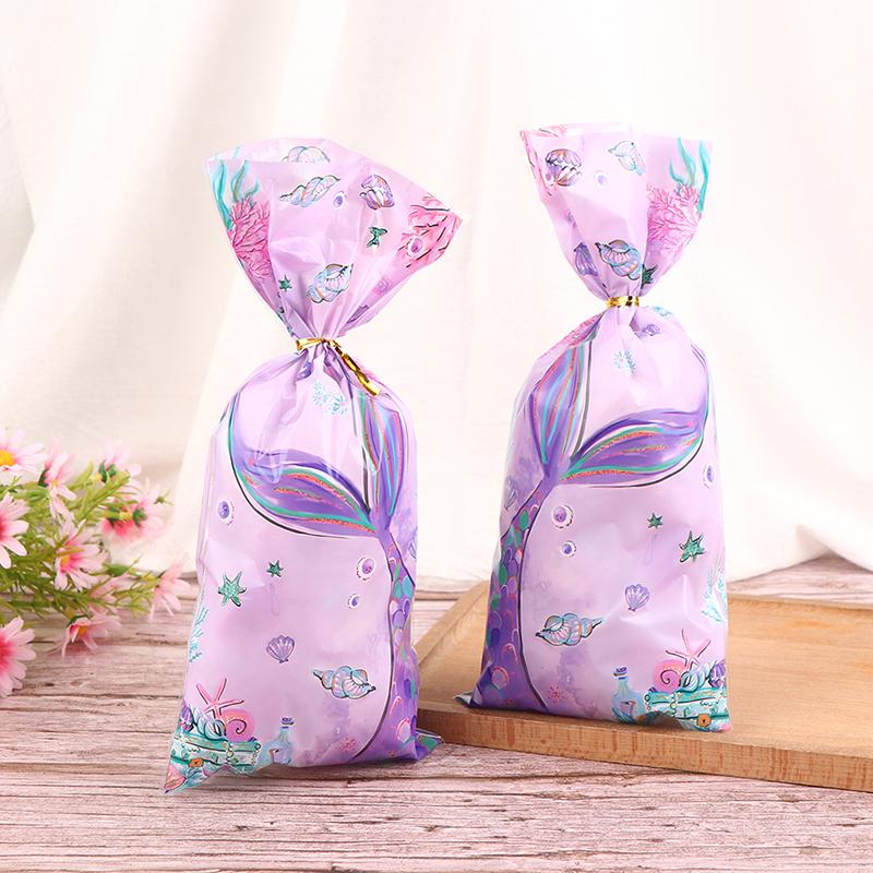 50Pcs Mermaid Party Candy Gift Bags Biscuit Packing Bag Mermaid Birthday Gift Bag for Guest Girl Birthday Supplies Baby Shower