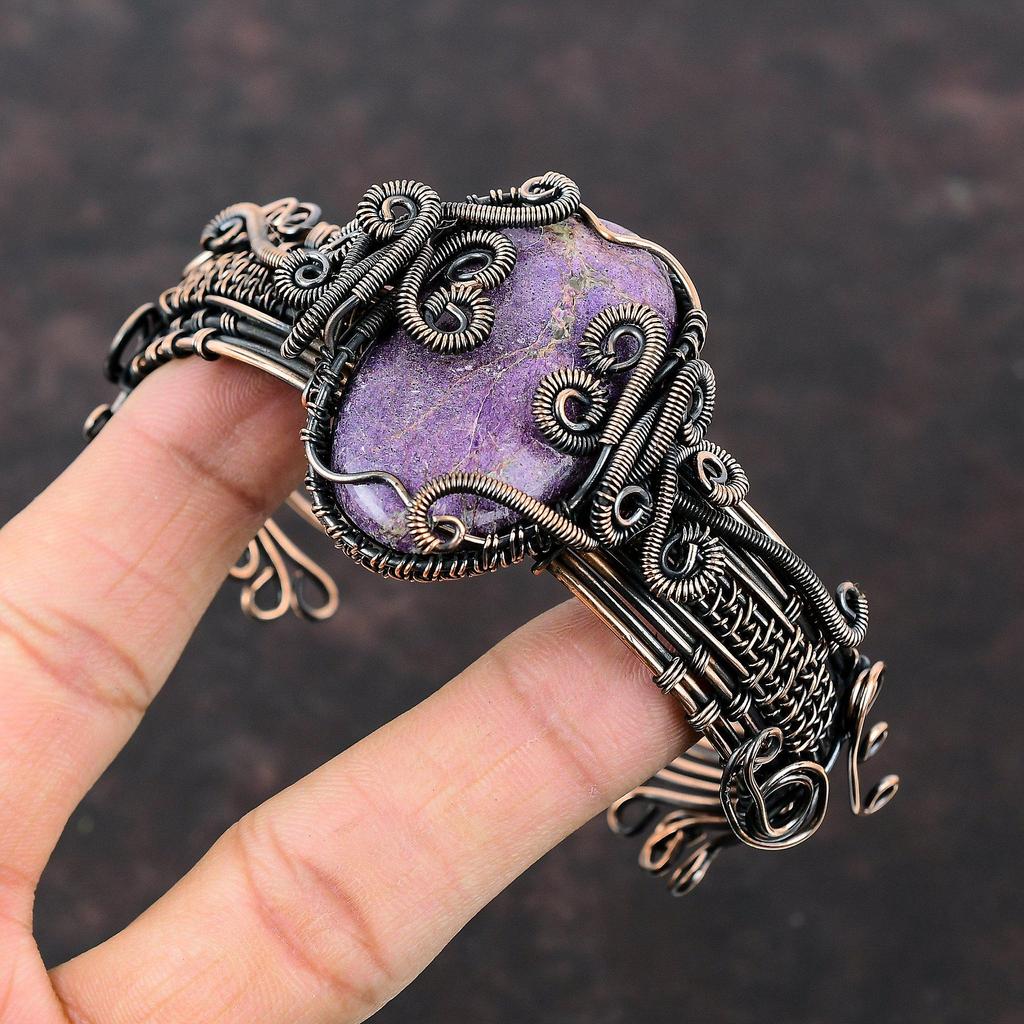 Purpurite Bangle Gemstone Cuff Bracelet Copper Wire Wrapped Adjustable Cuff Bracelet Handmade Purpurite Jewelry Copper Bangle Gift For Him