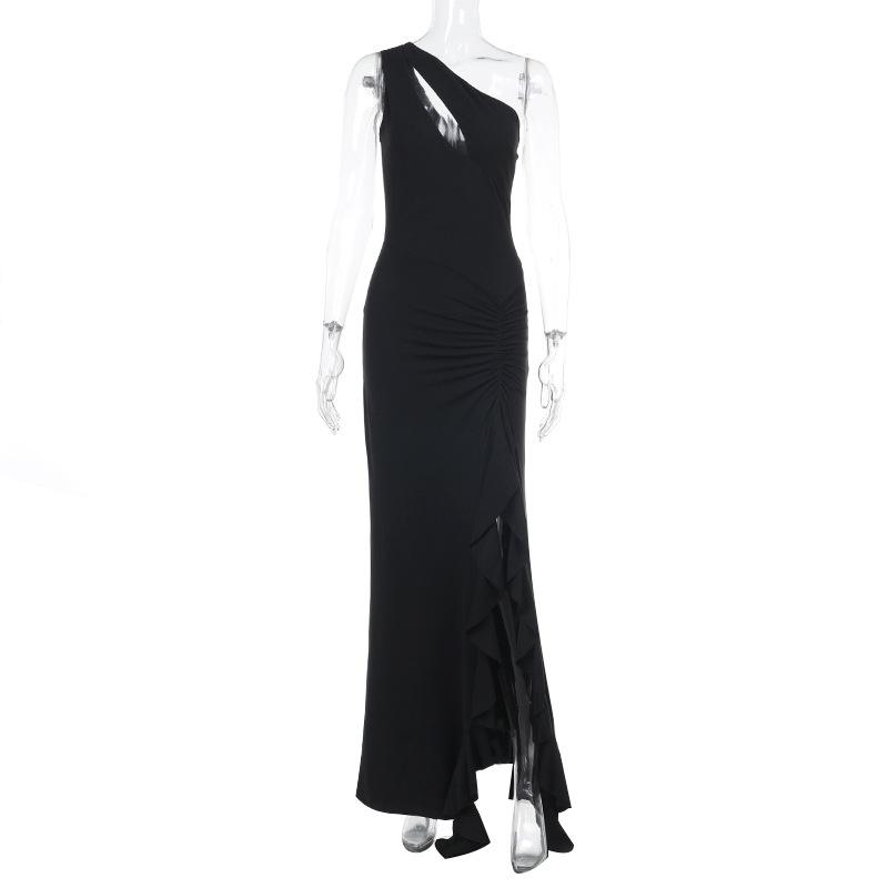 

Весеннее платье женское модное стильное сексуальное облегающее платье на одно плечо с оборками и лентой L чёрный