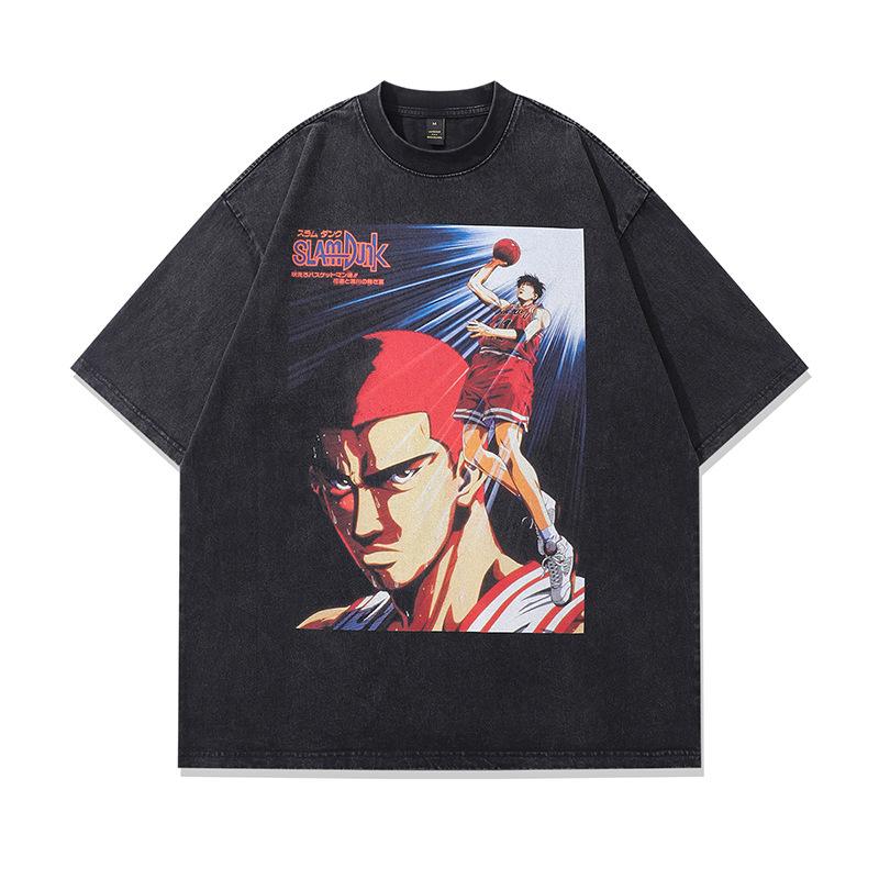 Harajuku Anime Print Washed Old Short-Sleeved T-Shirt Men'S American Retro Ins Street Tide Brand Casual Base