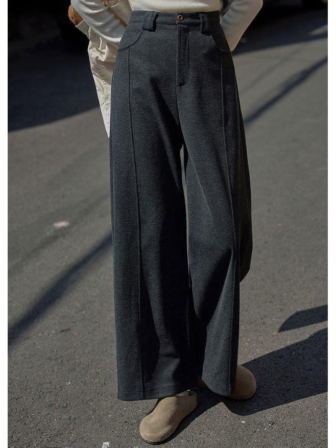 Women's Grey Wool Suit Pants - Autumn Drape, Versatile Wide-Leg, Straight, Solid Color