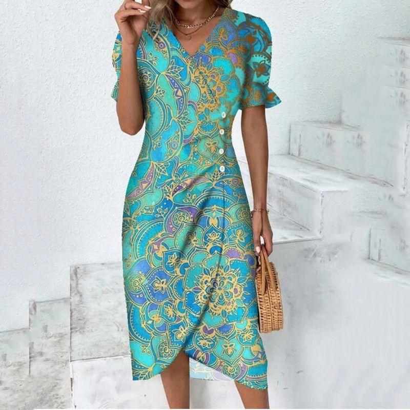 Printed Hem Irregularly Split Dress Print Hem Irregular Slit Dress