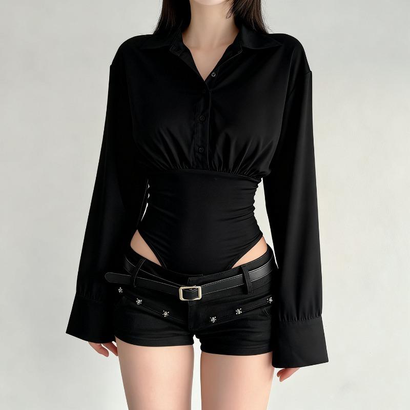 Women's Solid Color Design Button Jumpsuit Shirt Long Sleeve Lapel Slim Fit Fashion Top