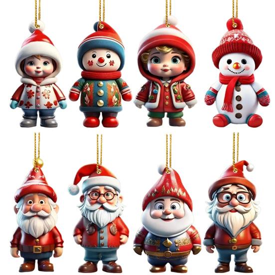 2 Pcs Christmas Ornaments Cartoon Snowman Santa Claus Acrylic Pendant Xmas Tree Hanging Decoration for Holiday Party Decor Car Accessories