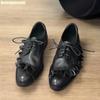 Scarpe in Pelle Nera di Vacchetta con Volant da Donna Estate 2025 Casual Tacco Spesso Cinturini Incrociati Scarpe Mary Jane Punta Tonda Pumps