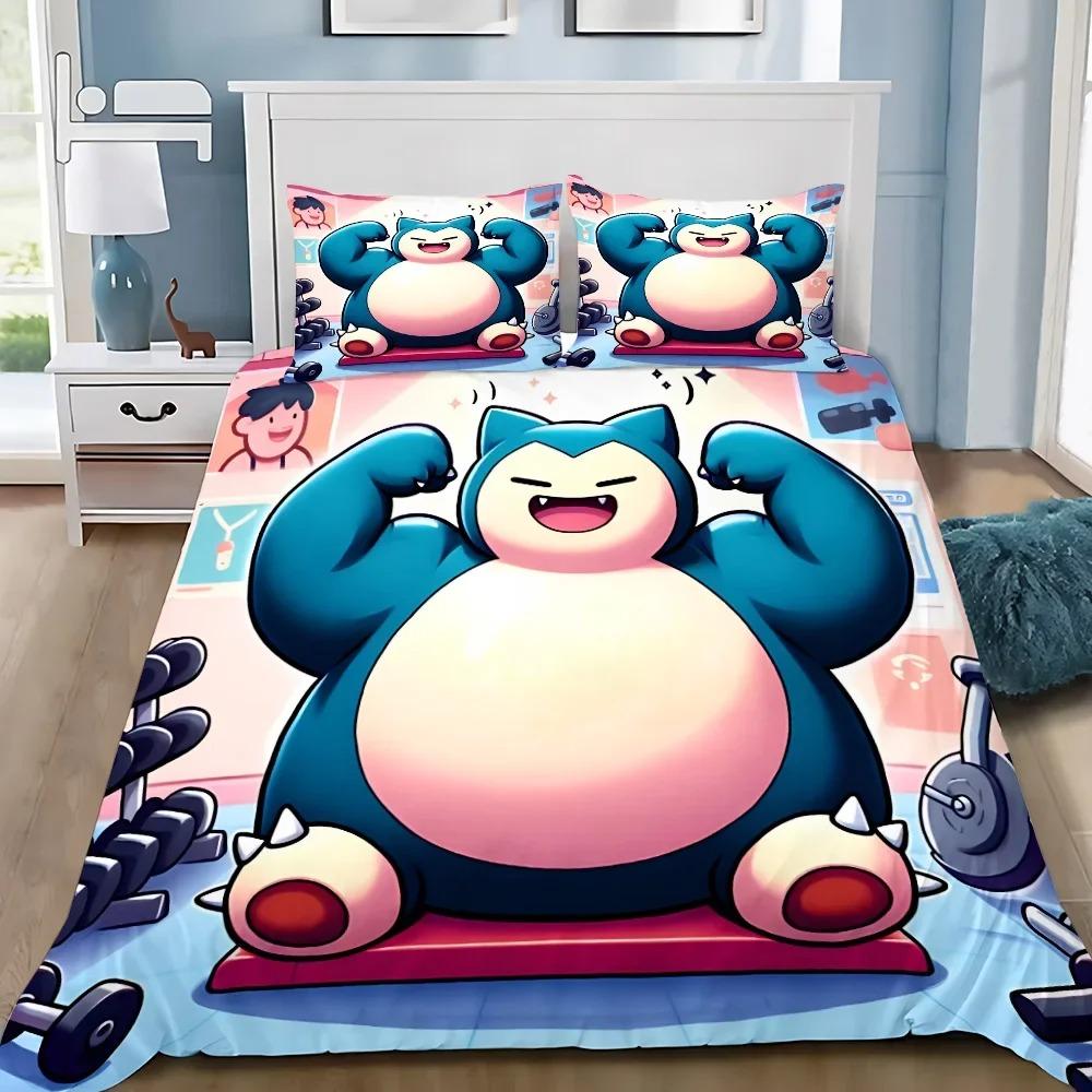 Kawaii Snorlax Bedding Set 3 Pieces Anime Pocket Monster Pattern Breathable Washable Bed Linen for Teens Kids