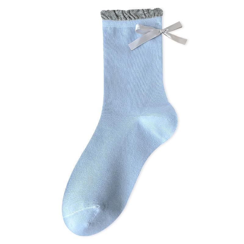 

Хлопковые носки для женщин, бесшовные весенне-осенние, махровые носки, милые и универсальные, с контрастным бантом 1 pair синий