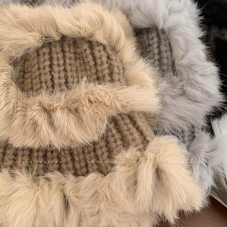 Rabbit Fur Knitted Woolen Hat for Women In Winter Cute Face Showing Small Warm Hat  Thickened Ear Protection Hat  Plush Bucket Hat