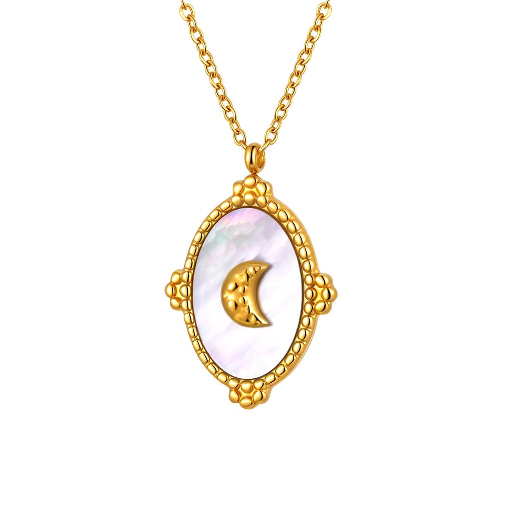 Jewelry Geometric Stainless Steel Oval Gray Shell Moon 18K Gold Pendant Necklace Female 2337