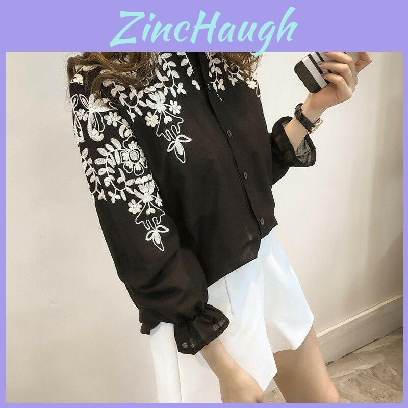 Premium Quality Female Women Long Sleeve Embroidery Blouse Shirt With Timeless Korean Flower Design