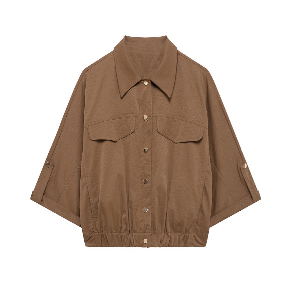 

Весна 2025 Женский простой комплект рубашки с лацканами и свободных длинных брюк Medium кофейный