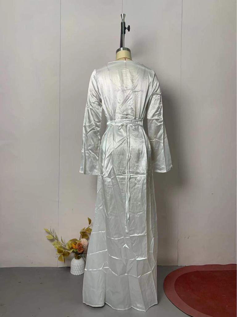 Rochie de damă albă cu mâneci lungi și șnur - Toamnă/Iarnă, Stil elegant chinezesc, Casual cu croială care accentuează talia