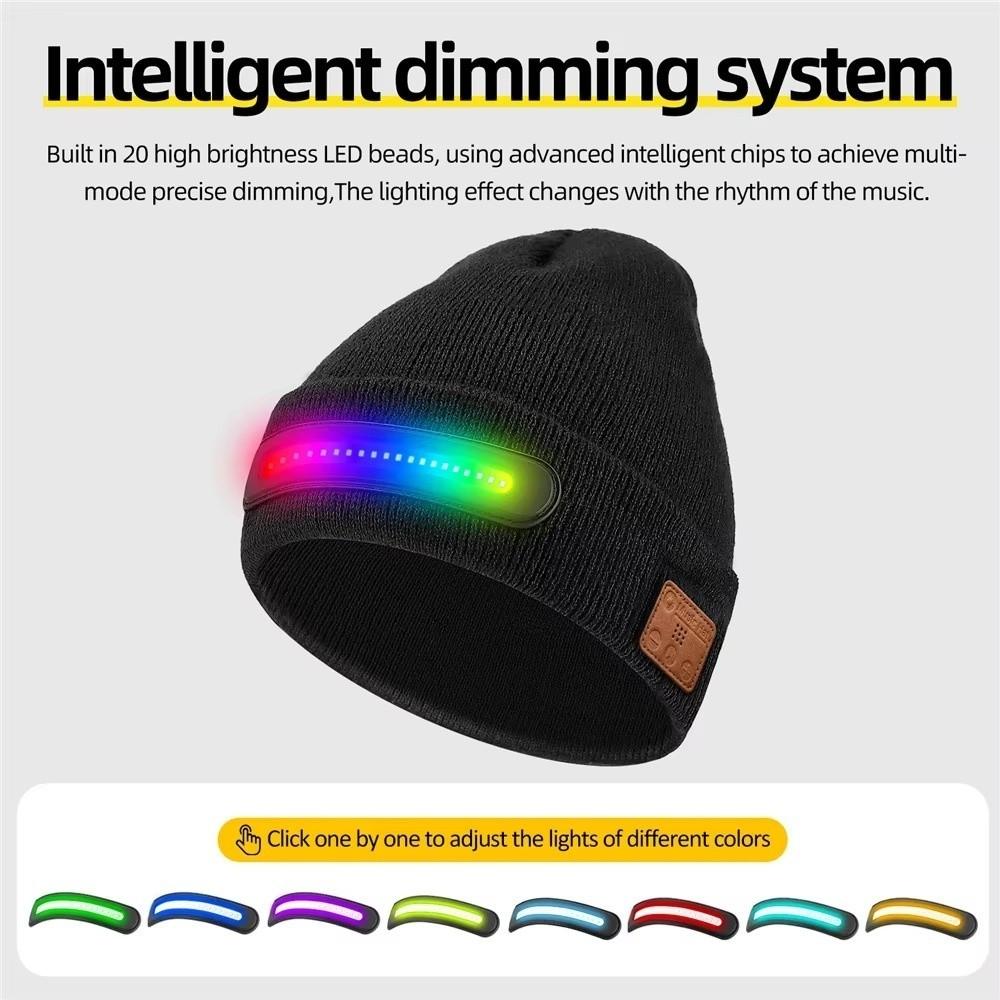 USB-wiederaufladbare LED-Beanie mit integriertem Lautsprecher und Mikrofon, abnehmbare smarte Bluetooth-Mütze, dreistufige Beleuchtung, Strickmütze
