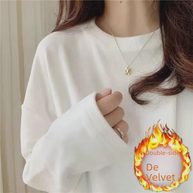 Tricou alb cald de damă din catifea dublă față-verso de lungime medie - Gât rotund, croială largă, interior periat pentru toamnă/iarnă