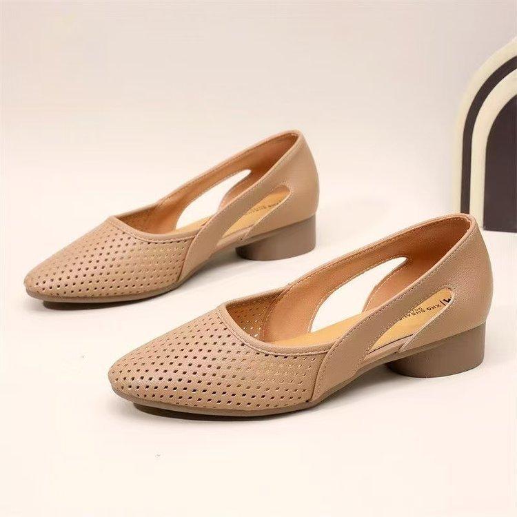 Summer New Soft Leather Pointed Hollow Women's Fashion Soft-soled Sandals Breathable Thick Heel Low Heel Single Shoes Women