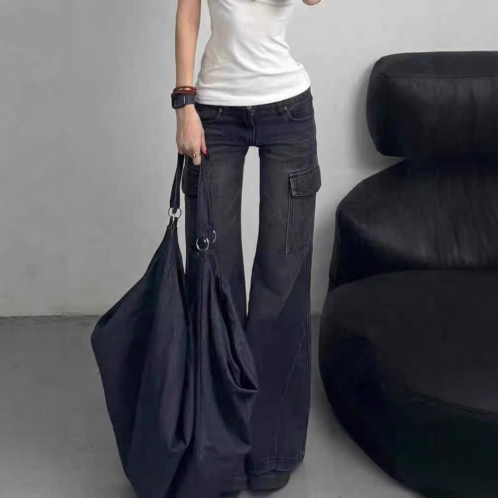Women's Retro Low-Waist Flared Cargo Jeans - Wide Leg, Floor-Length, Autumn Style