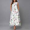 Women Plus Size Sleeveless Round Neck Dress Charming Floral Pattern Loose Mid Calf Gown