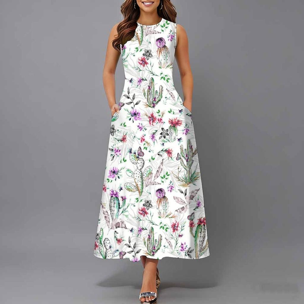 Women Plus Size Sleeveless Round Neck Dress Charming Floral Pattern Loose Mid Calf Gown